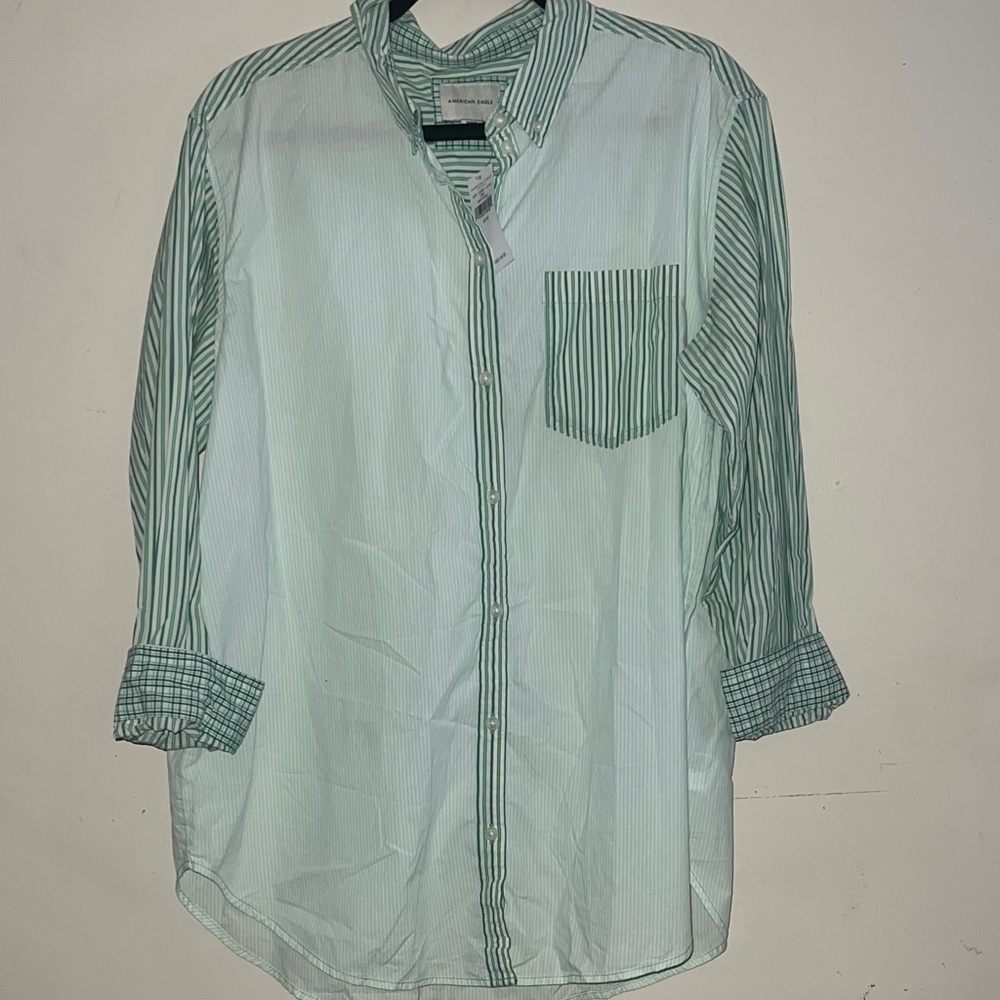 American Eagle Outfitters Green Striped Button Down Shirt